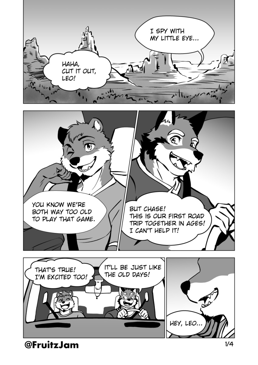 anthro bad_end canid canine canis car chase_hunter clothed clothing comic dialogue driving duo echo_(game) echo_(series) echo_project english_text fruitz happy hi_res inside_car leo_alvarez lutrine male mammal monochrome mustelid one_eye_closed shirt smile spoiler text topwear vehicle video_games visual_novel wink wolf