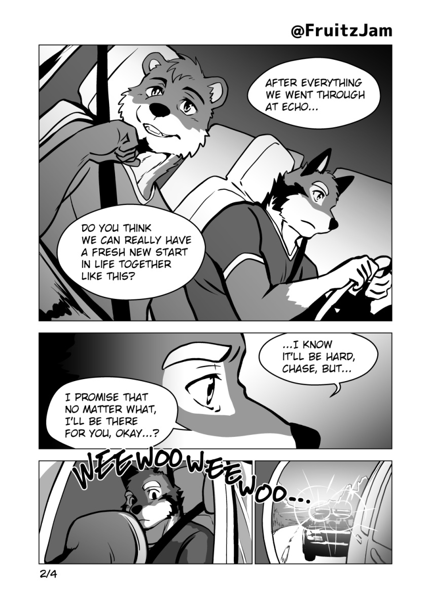 anthro bad_end canid canine canis car chase_hunter clothed clothing comic dialogue driving duo echo_(game) echo_(series) echo_project english_text flashing_lights fruitz happy hi_res inside_car leo_alvarez lutrine male mammal monochrome mustelid police_car shirt smile spoiler text topwear vehicle video_games visual_novel wolf