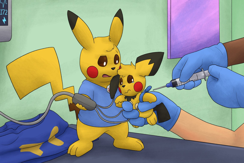 3:2 ambiguous_gender anthro bodily_fluids brown_eyes clothing crizbn crying detailed_background discarded_clothing duo hi_res implied_transformation nintendo pichu pikachu pok&eacute;mon pok&eacute;mon_(species) signature surgical_gloves syringe tears video_games