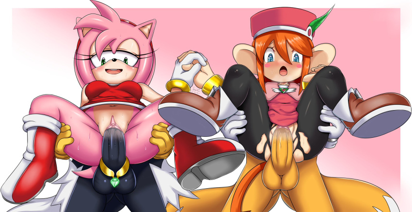 accessory amy_rose anthro bodily_fluids canid canine clasped_hands clothed clothing cock_ring cum cum_inside eulipotyphlan female fox genital_fluids genitals group haplorhine hedgehog hi_res jewelry klonoa klonoa_(series) lolo male male/female mammal miles_prower monkey off_the_ground partially_clothed partner_swap penis penis_accessory penis_jewelry primate saeki_makai sega shocked_expression sonic_the_hedgehog_(series) spread_legs spreading video_games