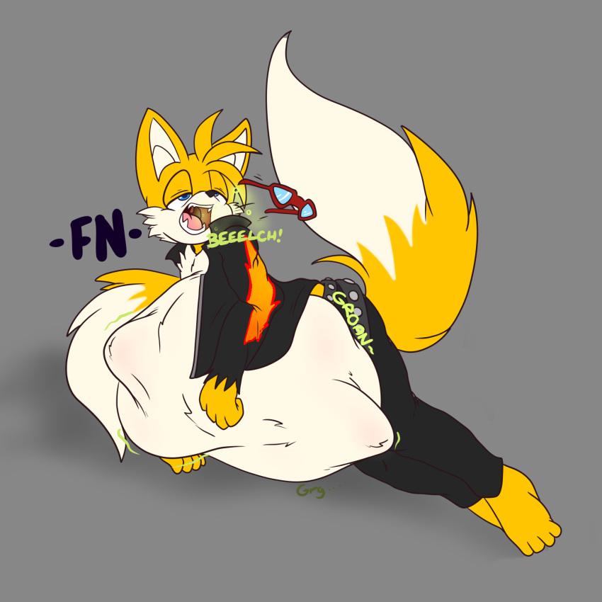 1:1 after_vore anthro belly big_belly burping canid canine digestion_noises duo fox foxynoms hi_res male mammal miles_prower oral_vore same_size_vore sega solo_focus sonic_the_hedgehog_(series) squirming vore