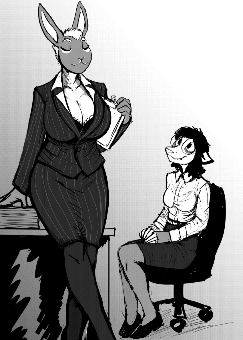 2021 anthro breasts chair cleavage clothed clothing desk didelphid duo eyes_closed female furniture hi_res hladilnik lagomorph leporid mammal marsupial marylin_(hladilnik) monochrome office_chair office_clothing pro_bun_(hladilnik) rabbit secretary stare