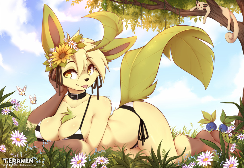 anthro big_breasts bikini bikini_top biped blep blue_sky breasts chest_tuft clothing cloud conditional_dnp cutiefly day detailed_background eeveelution eyes_closed female feral flower gloves_(marking) group leafeon leg_markings lying markings nintendo oddish outside persian_(pok&eacute;mon) plant pok&eacute;mon pok&eacute;mon_(species) quadruped sky socks_(marking) solo_focus summer swimwear teranen thick_thighs tongue tongue_out tree tuft video_games