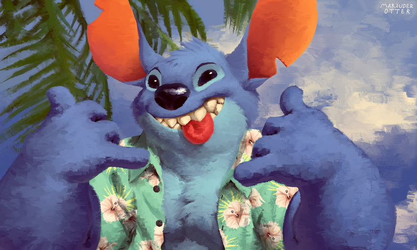 2021 4_fingers 5:3 alien aloha_shirt anthro anthrofied blue_body blue_eyes blue_fur chest_tuft clothed clothing disney experiment_(lilo_and_stitch) fingers flower fur gesture grin head_tuft hi_res hibiscus lilo_and_stitch looking_at_viewer male marauder_otter notched_ear open_clothing open_shirt open_topwear outside pattern_clothing pattern_shirt pattern_topwear plant pose shaka shirt signature smile solo stitch_(lilo_and_stitch) teeth tongue tongue_out topwear tuft