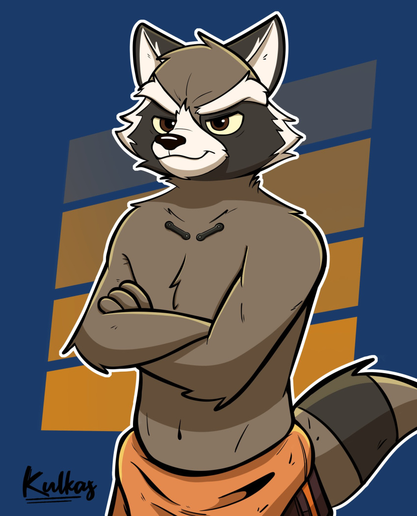 2021 anthro bottomwear brown_body brown_fur clothed clothing crossed_arms digital_drawing_(artwork) digital_media_(artwork) fur guardians_of_the_galaxy hi_res male mammal markings marvel navel procyonid rac5700 raccoon ring_(marking) ringtail rocket_raccoon simple_background smile solo tail_markings topless topless_male