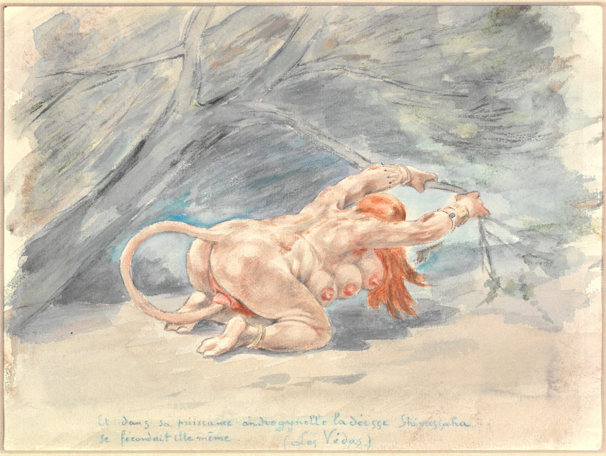 absurd_res anthro breasts butt english_text felicien_rops female genitals hair hi_res humanoid masturbation multi_breast multi_nipple nipples nude pubes pussy red_hair solo tail_fetish tail_masturbation tail_play text traditional_media_(artwork) translation_request