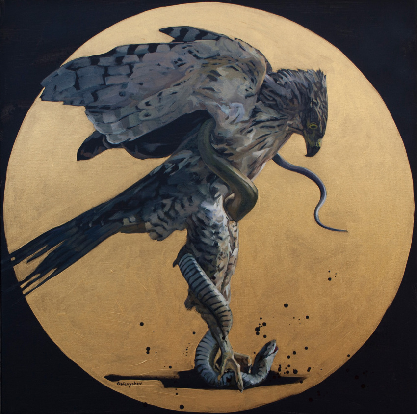 accipitrid accipitriform ambiguous_gender avian beak bird duo feathers feral gnevol grey_body grey_feathers hi_res imminent_death looking_at_another looking_down looking_up oil_painting_(artwork) painting_(artwork) reptile scalie snake traditional_media_(artwork) wrapped