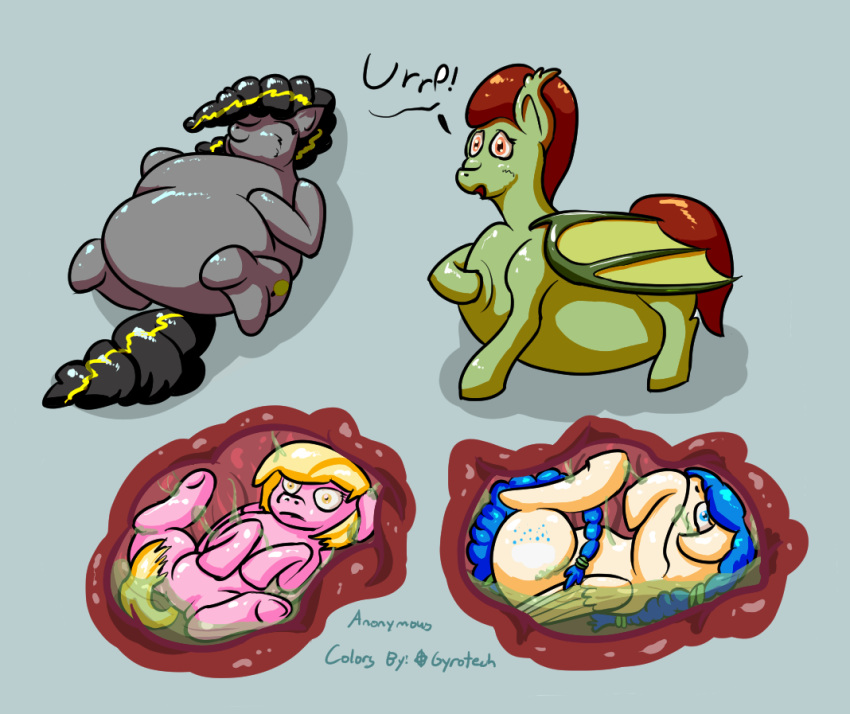 abdominal_bulge anonymous_artist bat_pony blonde_hair bodily_fluids brown_hair bug_(doomfister) cutie_mark equid equine eyes_closed female female_pred female_prey feral feral_pred feral_prey green_body group gyrotech hair hasbro hooves internal lunar_rose_(gyro) male male_pred mammal mane membrane_(anatomy) membranous_wings my_little_pony organs pegasus pink_body same_size_vore sky_spear stomach stomach_acid sweet_treat_(gyro) vore wings yellow_eyes
