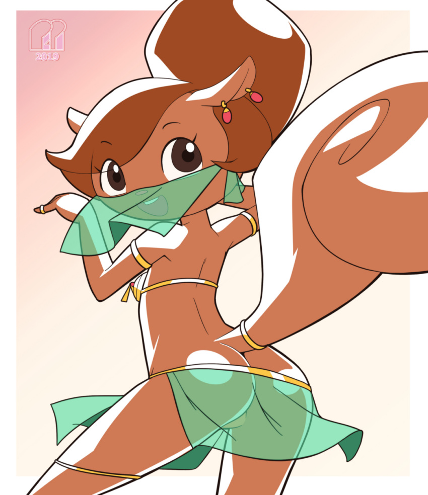 2019 anthro armlet belly_dancer brown_body brown_eyes brown_fur brown_hair butt clothing ear_piercing female fur hair hanna-barbera hi_res jewelry leglet looking_back mammal penny_squirrel pepipopo piercing rear_view rodent sciurid secret_squirrel_show shaded signature solo tail_bracelet tail_jewelry tassels translucent translucent_clothing tree_squirrel veil
