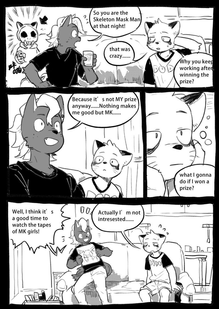 2021 anthro clothing comic cougar dialogue duo english_text felid feline furniture hajime_tanaka_(odd_taxi) hi_res holding_object kemono male mammal mephitid milkytiger1145 monochrome odd_taxi shirt shun_imai_(odd_taxi) skunk sofa text topwear