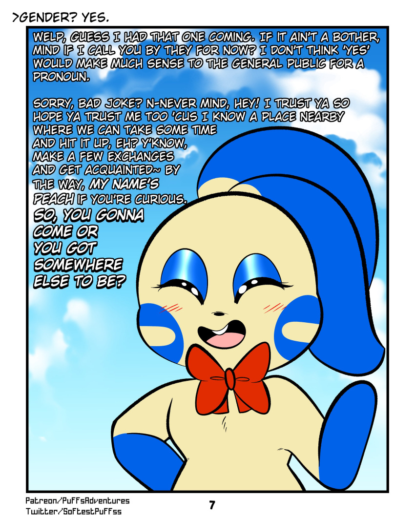 4:5 absurd_res anthro bow_ribbon dialogue english_text eyelashes female forest forest_background fur grass hi_res makeup male mascara minun nature nature_background nintendo peach_(rodent_powered) plant pok&eacute;mon pok&eacute;mon_(species) pok&eacute;mon_mystery_dungeon red_eyes rodent_powered_(softestpuffss) semi-anthro slight_blush softestpuffss solo text tree video_games yellow_body yellow_fur