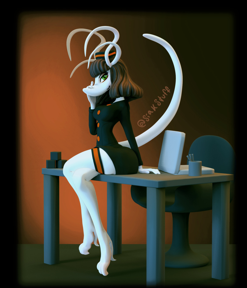 3_toes 3d_(artwork) alien bangs barefoot big_breasts big_butt black_suit breasts brown_hair butt chair clothing cube_(object) digital_media_(artwork) feet female furniture green_eyes hair hat headgear headwear hi_res long_legs looking_at_viewer raised_tail siak_no'fethk siakstuff simple_background sitting_on_table smile solo tendrils toes white_body