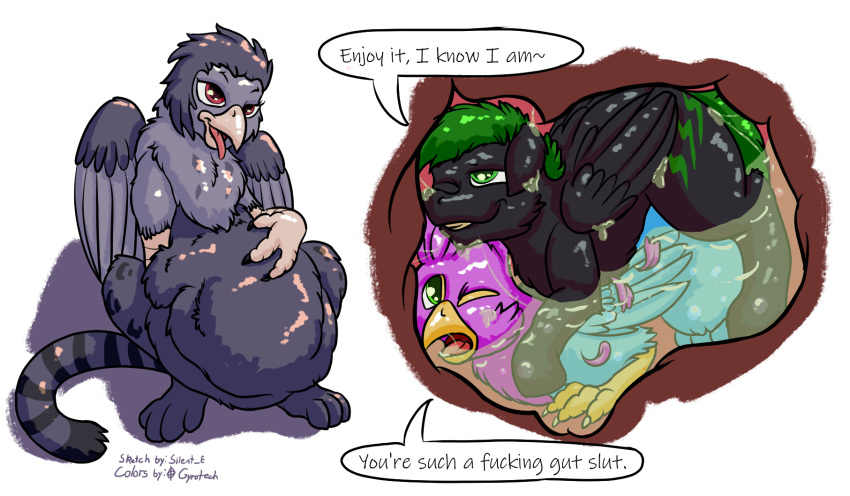 abdominal_bulge anal anal_penetration avian beak bird bird_feet black_body black_fur blue_body bodily_fluids cutie_mark dialogue english_text equid equine feathered_crest feathered_wings feathers female female_pred feral feral_pred feral_prey fur galliform green_eyes green_hair gryphon gyro_feather gyrotech hair hasbro head_crest hi_res horse_tail internal larger_pred lightning_hunt male male/male male_prey mammal mane multiple_prey my_little_pony mythological_avian mythology one_eye_closed organs paws peafowl pegasus penetration phasianid pink_body profanity quadruped silent_e stomach stomach_acid text vore wings