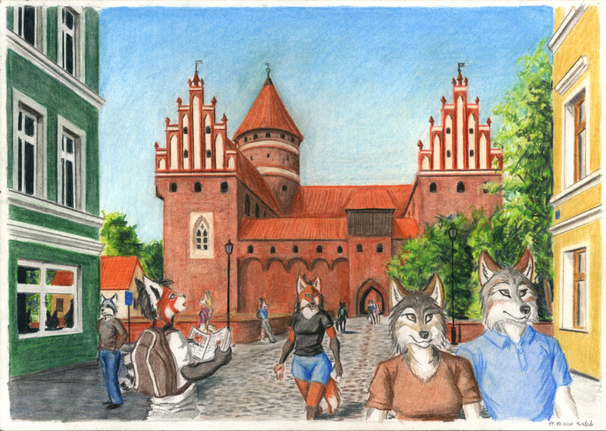ailurid anthro building canid canine canis castle city female fox gothic_architecture group hi_res male mammal maned_wolf plant procyonid raccoon red_panda standing street syntech tourist tree walking wolf