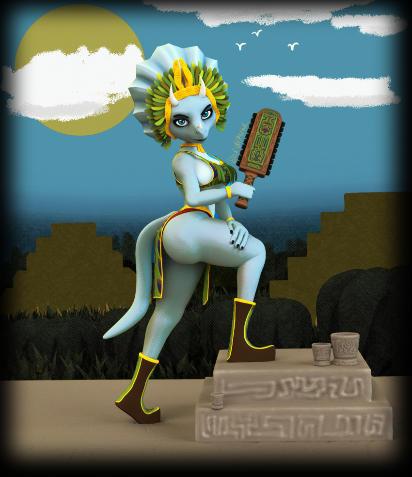 3d_(artwork) anthro aztec big_butt black_nails blue_body blue_eyes blue_scales boots butt ceratopsian clothed clothing colored_nails digital_media_(artwork) dinosaur female footwear headdress hi_res horn looking_at_viewer macuahuitl melee_weapon nails ornithischian pottery pyramid reptile scales scalie siakstuff simple_background skimpy solo standing step_pose sword triceratops weapon