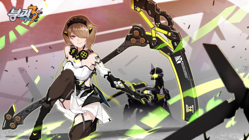 1girl armor armored_dress bangs barcode black_footwear blurry blurry_background boots breasts brown_legwear cici dress elbow_gloves full_body gloves grin hair_over_one_eye headpiece highres holding holding_scythe honkai_(series) honkai_impact_3 horns knee_boots logo looking_at_viewer mecha mechanical_gloves mole mole_under_eye official_art one_knee red_eyes rita_rossweisse scythe short_hair side_cutout sidelocks smile solo thighhighs tube wind