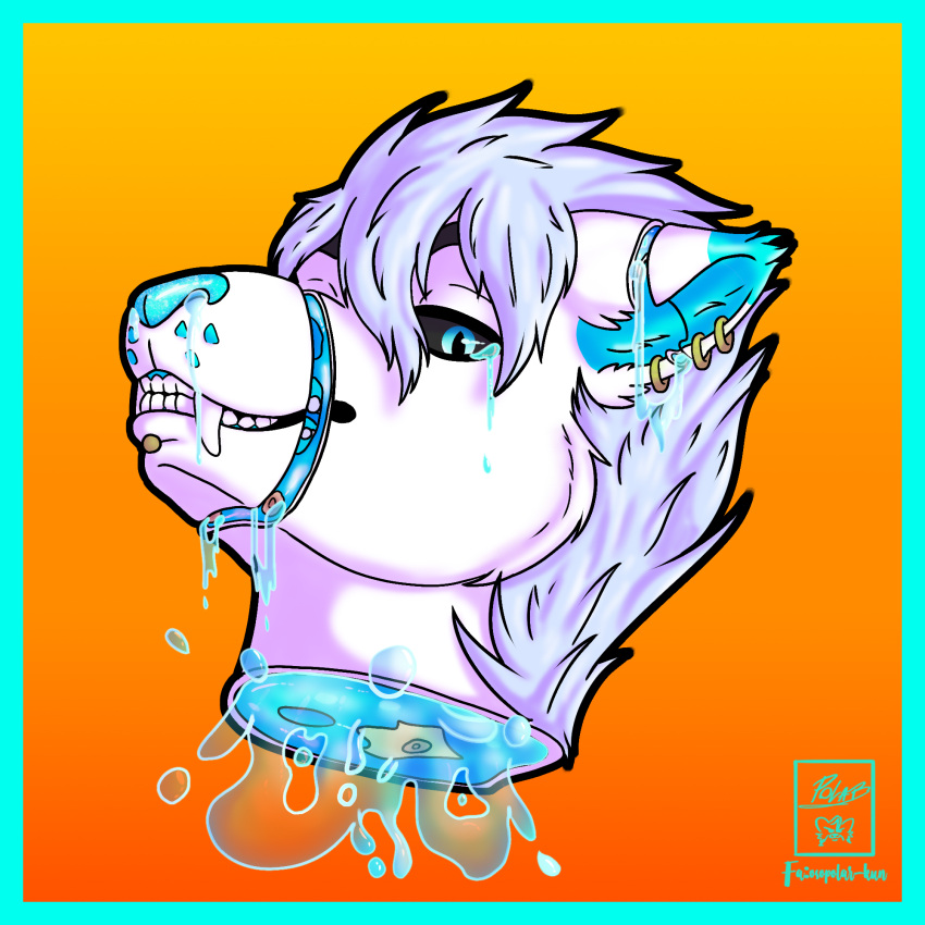 1:1 anthro aurora_(osopolar-kun) black_sclera blue_body blue_border blue_eyes blue_fur border candy_gore decapitation ear_piercing ear_ring facial_piercing fangs felid female fur hi_res lip_piercing machairodontine mammal osopolar-kun piercing sabertooth_(anatomy) severed_head solo white_body white_fur