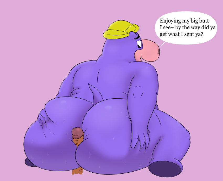 2021 absurd_res anthro big_butt butt clothing colossalstars common_hippopotamus english_text erection genitals hanna-barbera hat headgear headwear hi_res hippopotamid humanoid_genitalia humanoid_hands humanoid_penis male male/male mammal overweight overweight_male penis peter_potamus purple_body simple_background sitting solo_focus text the_peter_potamus_show