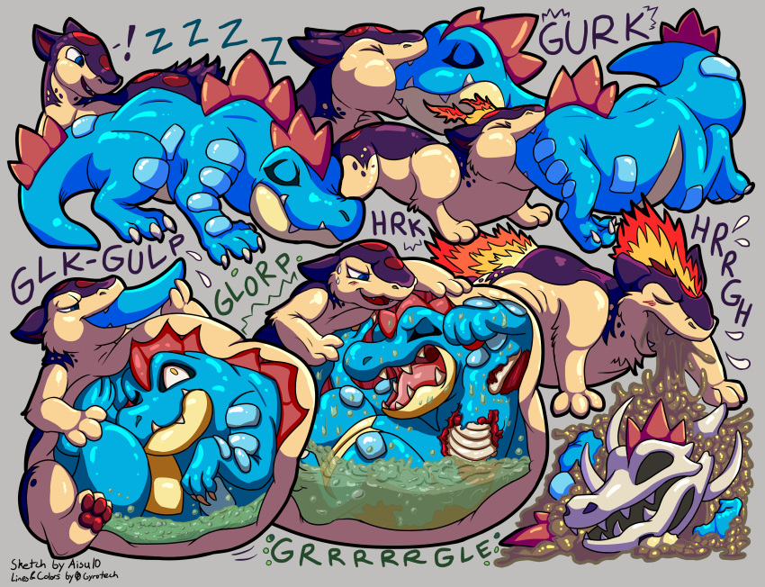 absurd_res after_vore aisu10 blitz_(gyro) blue_body blue_eyes bodily_fluids bone countershading death digestion disposal english_text eyes_closed fan_character feral feraligatr fire gore gyrotech hi_res male markings mottled mottled_body nintendo oral_vore organs paws pok&eacute;mon pok&eacute;mon_(species) purple_body quadruped quilava red_markings skull sleeping stomach stomach_acid tan_body text video_games vomit vore