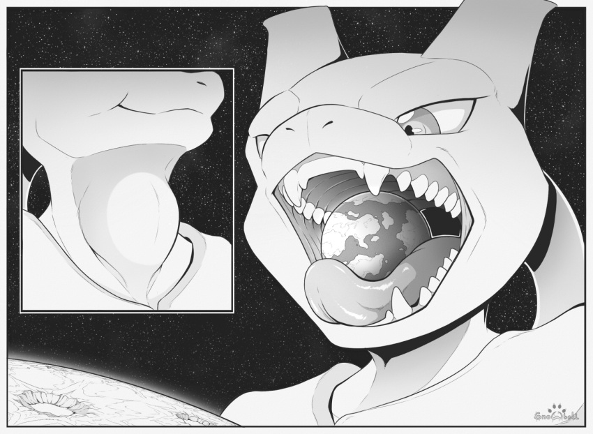 2021 ambiguous_gender ambiguous_pred anthro anthro_pred biped border bust_portrait cheek_bulge close-up continent continents cosmic_background detailed_background digital_drawing_(artwork) digital_media_(artwork) earth fangs floating front_view gaping_mouth giga grey_text greyscale imminent_vore interplanetary_macro legendary_pok&eacute;mon looking_down macro mewtwo monochrome moon mouth_closed mouth_shot multiple_scenes neck_bulge nintendo nude object_vore on_tongue open_mouth oral_vore outside planet planet_vore pok&eacute;mon pok&eacute;mon_(species) portrait s2-freak shaded sharp_teeth size_difference size_play sky soft_vore solo space standing star starry_background starry_sky swallowing symbol teeth three-quarter_view tongue tongue_out video_games vore watermark white_border wide_eyed