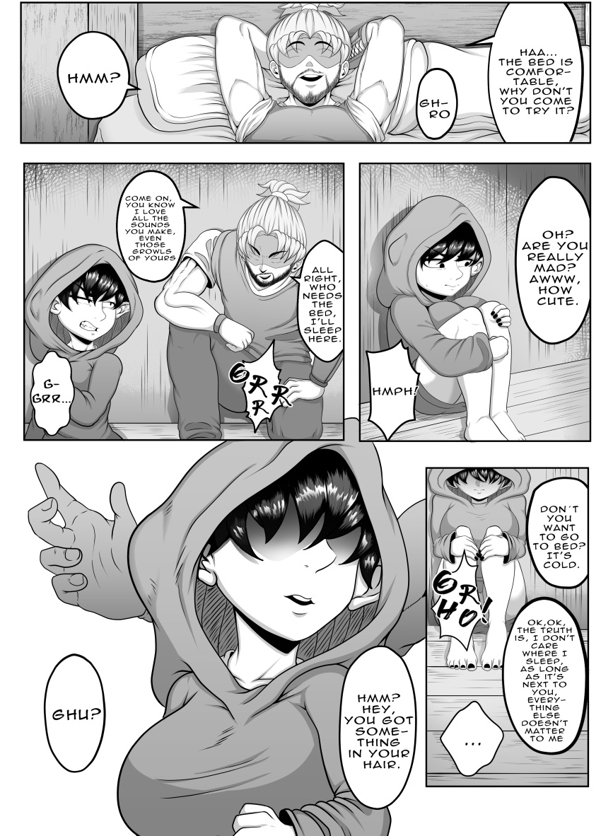 absurd_res big_breasts breasts clothed clothing comic dialogue english_text female hair hair_over_eyes hi_res hoodie human male mammal martincorps monochrome not_furry teeth text topwear