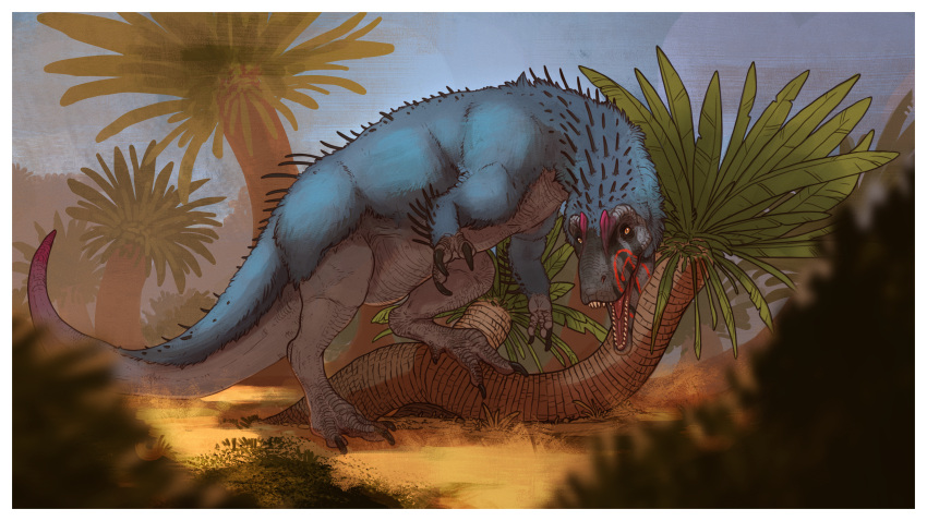 16:9 4k absurd_res allosaurid allosaurus border cycad dinosaur feathers feral hi_res landscape mel paleo paleoart prehistoric reptile scalie sketch solo stygimoloch_(artist) theropod white_border widescreen