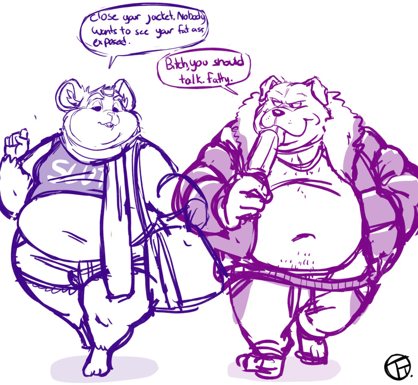 american_dragon:_jake_long anthro belly bottomwear canid canine canis chubby_cheeks clothed clothing cricetid disney domestic_dog duo english_text food fu_dog_(character) hammond_(overwatch) hamster hi_res hotpants jacket male male/male mammal navel open_clothing open_jacket open_topwear overweight overweight_male popsicle rodent scarf shirt shopping_bag shorts simple_background small_shirt sweatpants text tight_clothing tight_shirt tight_topwear topwear trashtoonz