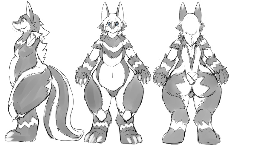 2018 7:4 absurd_res ambiguous_gender anthro biped butt feet fingers front_view fur hi_res mammal mephitid model_sheet overweight rear_view sakamata side_view skunk solo standing thick_thighs