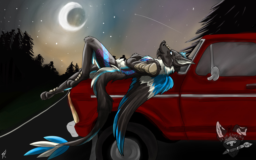 angel_dragon anthro car_hood car_hood_pose dragon fur furred_dragon hi_res kaezer_luna_(ragingmoonbeam) male moon outside sky skye_sheppy solo star stargazing starry_sky tagme truck