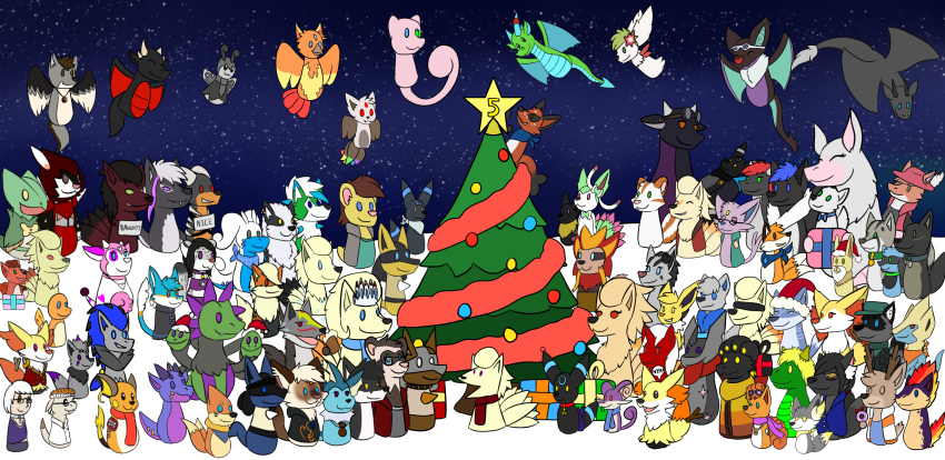 absurd_res arcanine avali belle_(dairysteerie) blitz_(gyro) blue_eyes buizel canid canine cervid charmander christmas christmas_tree countershading delphox dragon eeveelution espeon fan_character fennekin feral fox goodra group hi_res holidays houndoom human hydreigon kecleon legendary_pok&eacute;mon lucario male mammal markings mew mottled mottled_body nickit ninetales nintendo noivern nonine pidgey plant pok&eacute;mon pok&eacute;mon_(species) procyonid purple_body quadruped quilava raccoon raichu rattata red_markings scarf spice_blase_(tastytales) tan_body tastytales tree umbreon vaporeon video_games vulpix zee_(tastytales)