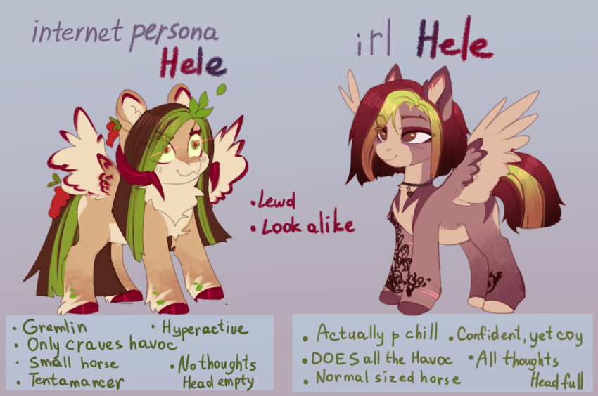 absurd_res chilling comparison duo ears_up english_text equid equine fan_character female feral hasbro helemaranth helemaranth_(character) hi_res horn leaf leaf_hair mammal model_sheet my_little_pony pegasus plant plant_hair pseudo_hair spread_wings text wide_eyed wings
