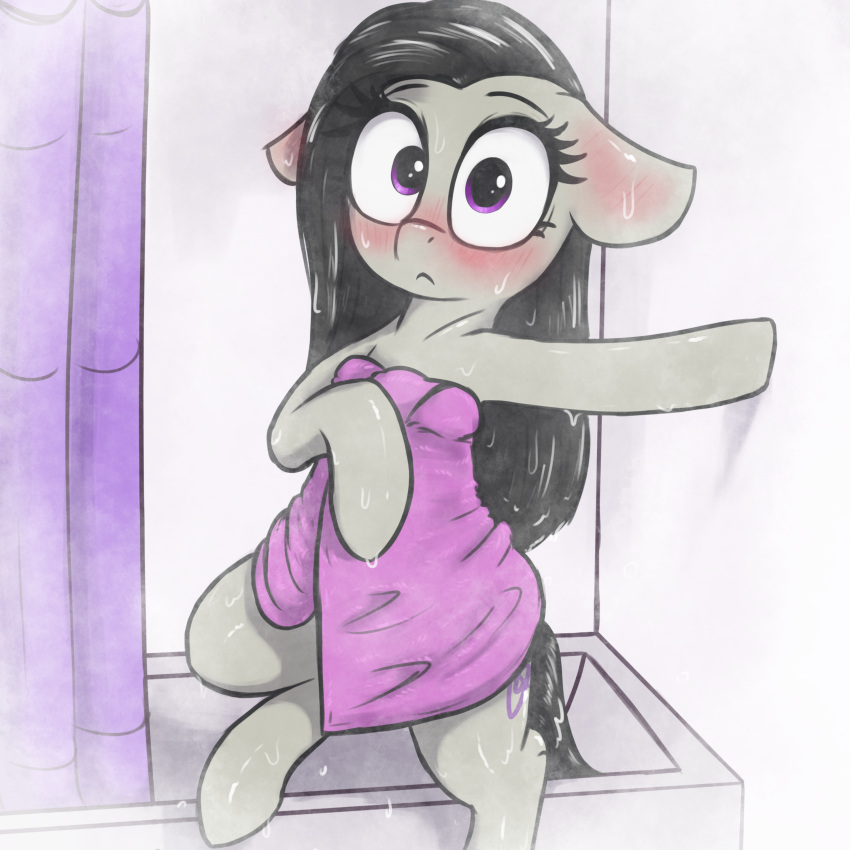 1:1 absurd_res blush equid equine female friendship_is_magic grey_body hair hasbro hi_res mammal my_little_pony octavia_(mlp) solo t72b towel towel_only wet wet_body wet_hair