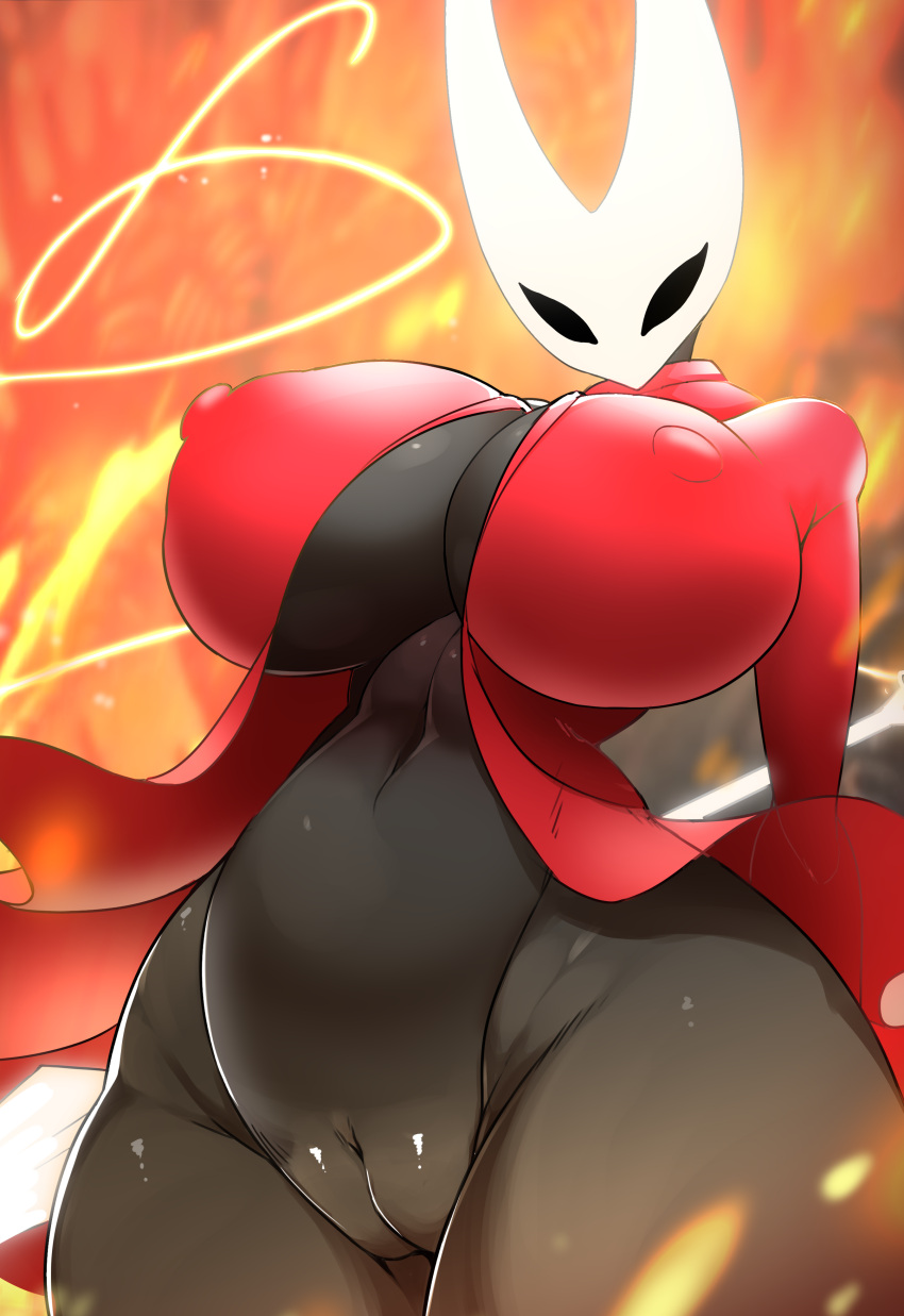 absurd_res anthro arthropod ashraely big_breasts black_body breasts clothed clothing curvy_figure digital_media_(artwork) fecharis female genitals hi_res hollow_knight hornet_(hollow_knight) huge_breasts insect looking_at_viewer nipples pussy simple_background solo team_cherry thick_thighs video_games voluptuous weapon wide_hips