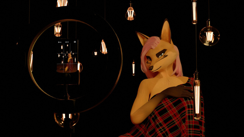 16:9 3d_(artwork) anthro camera_hud camera_view canid canine canis cellphone claws digital_media_(artwork) female fox fur hair impreza lamp light_ring looking_at_viewer mammal nude phone pink_hair plaid simple_background sitting smartphone solo tan_body tan_fur tridognait tripod widescreen