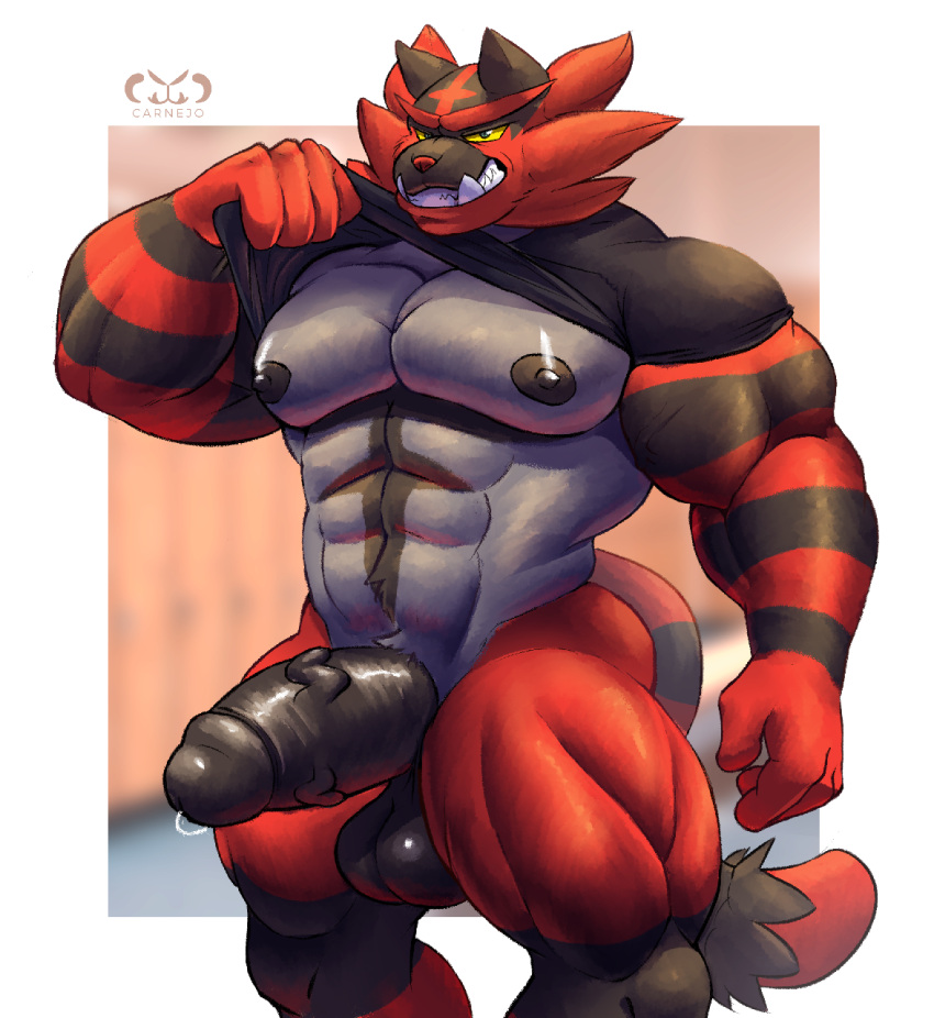 2020 5_fingers anthro balls barazoku big_muscles big_penis black_body black_fur black_nipples black_penis bodily_fluids bottomless carnejo clothed clothing clothing_lift fingers fur genital_fluids genitals green_eyes grey_body grey_fur grin hi_res humanoid_hands incineroar looking_at_viewer male muscular muscular_anthro muscular_male nintendo nipples penis pok&eacute;mon pok&eacute;mon_(species) precum red_body red_fur red_nose shirt shirt_lift smile solo standing striped_body striped_fur stripes t-shirt thick_penis topwear vein veiny_penis video_games yellow_sclera