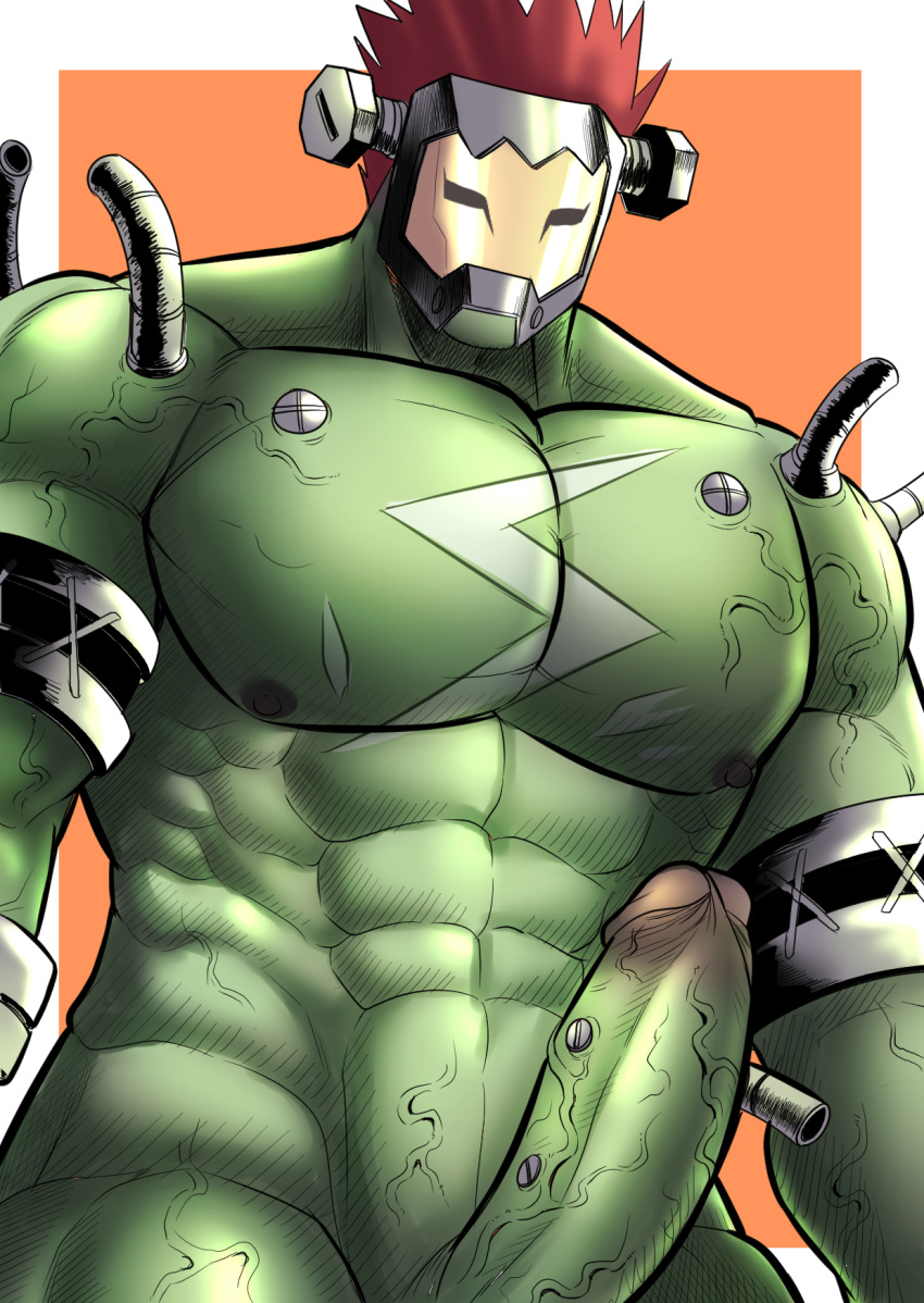 abs bandai_namco biceps boltmon digimon digimon_(species) erection genitals green_body hair hi_res humanoid male metal muscular muscular_male nipples not_furry nude obliques pecs penis red_hair simple_background solo tofuboyz undead vein veiny_penis