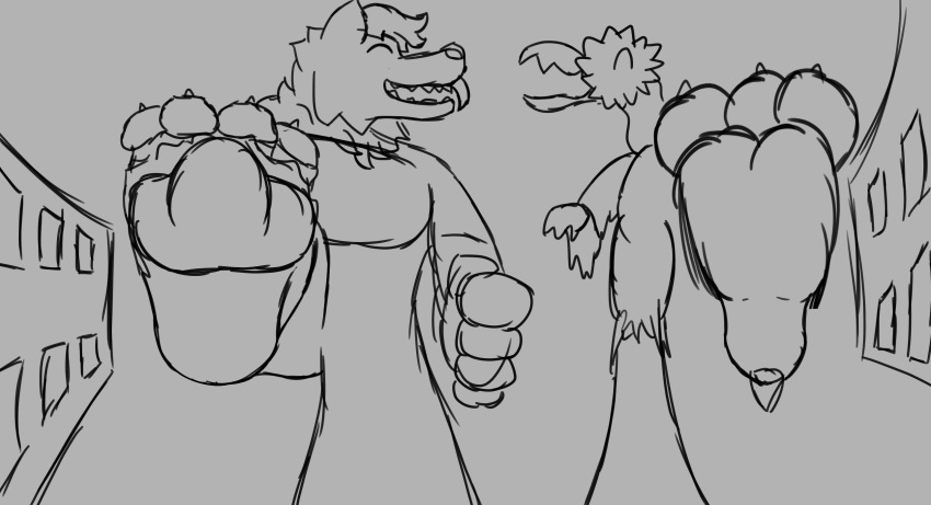 anthro avian bird building canid canine canis duo feet hi_res looming macro male male/male mammal monochrome sketch toes unknown_artist viraxe wolf wolftical