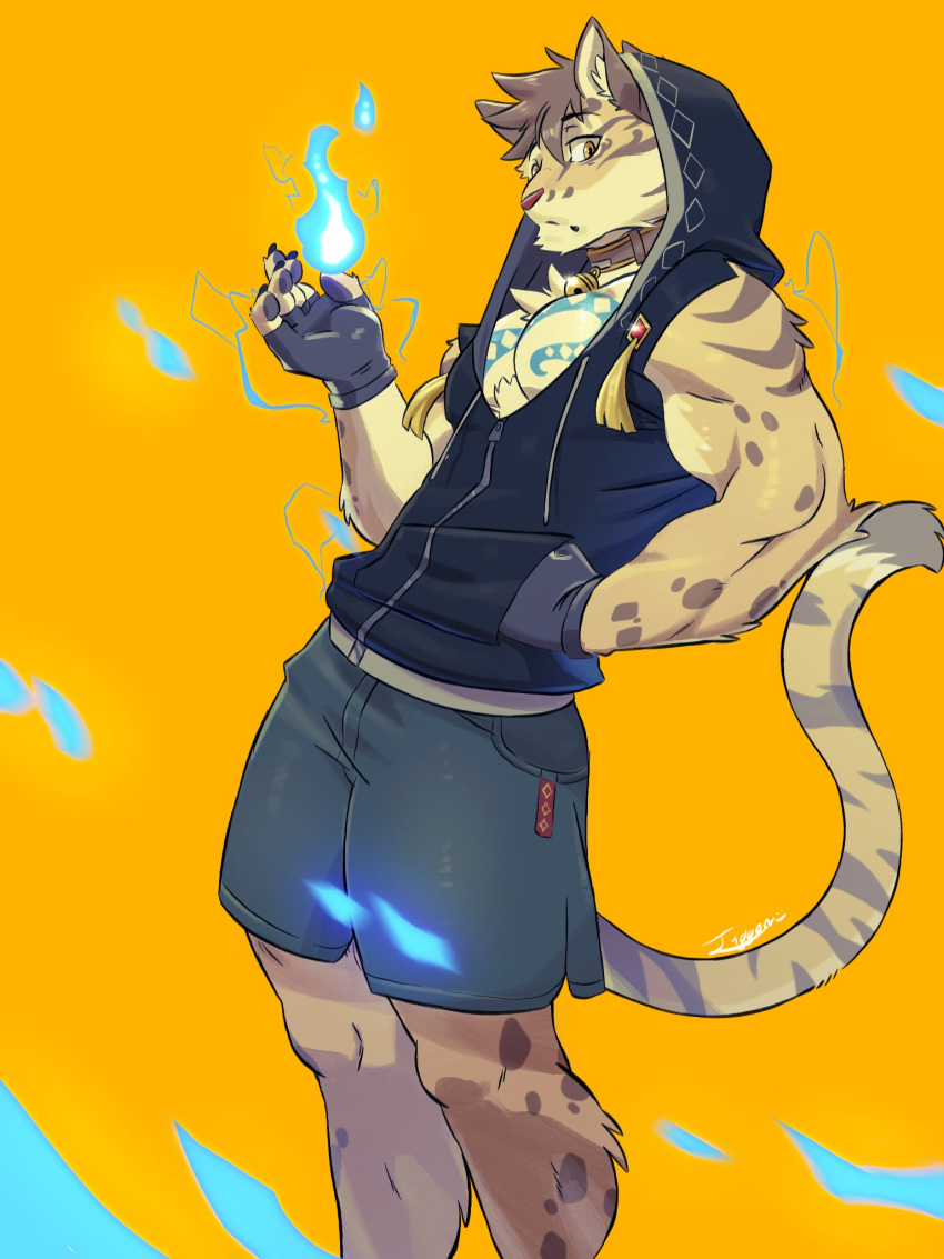 2019 3:4 5_fingers anthro black_clothing blue_fire bottomwear clothing clouded_leopard colored_fire deity felid fingerless_gloves fingers fire gloves hand_in_pocket handwear hi_res hoodie likulau male mammal muscular muscular_anthro muscular_male nekojishi pantherine pockets shorts simple_background solo studio_klondike tiggon_the_great topwear video_games visual_novel yellow_background