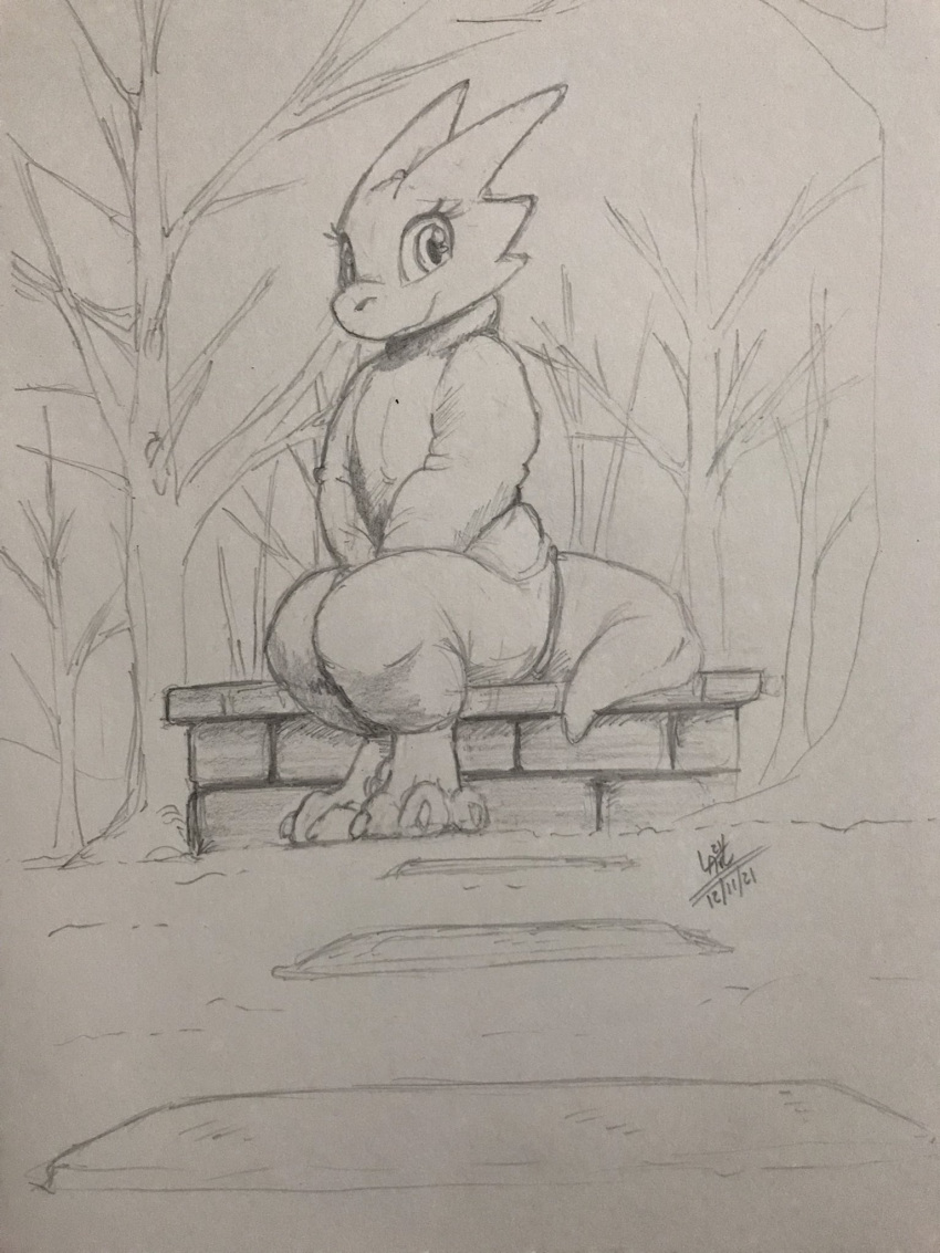 2021 3:4 anthro barefoot bench clothed clothing detailed_background feet hi_res kobold looking_at_viewer louart low-angle_view outside plant signature sitting smile solo traditional_media_(artwork) tree