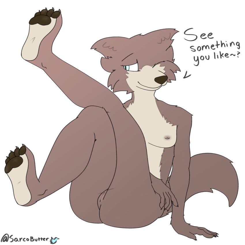 1:1 anthro beastars breasts butt canid canine canis female genitals hi_res juno_(beastars) mammal one_eye_closed presenting presenting_pussy pussy raised_leg sarcobutter smile solo text wink wolf
