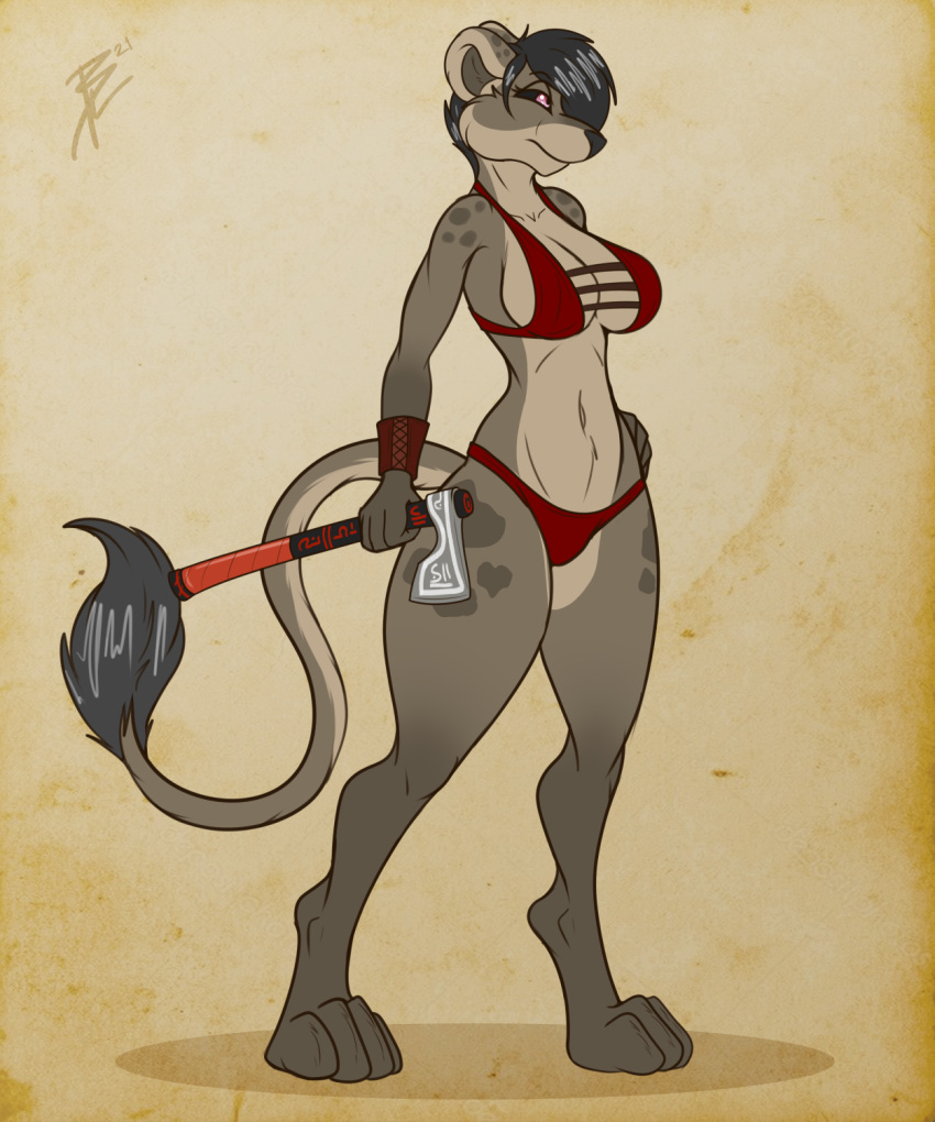 2021 5:6 anthro axe black_sclera brasslion breasts clothed clothing digitigrade felid female full-length_portrait gloves_(marking) hi_res leg_markings lion mammal markings melee_weapon pantherine portrait runes skimpy socks_(marking) solo tail_tuft thick_thighs tuft weapon
