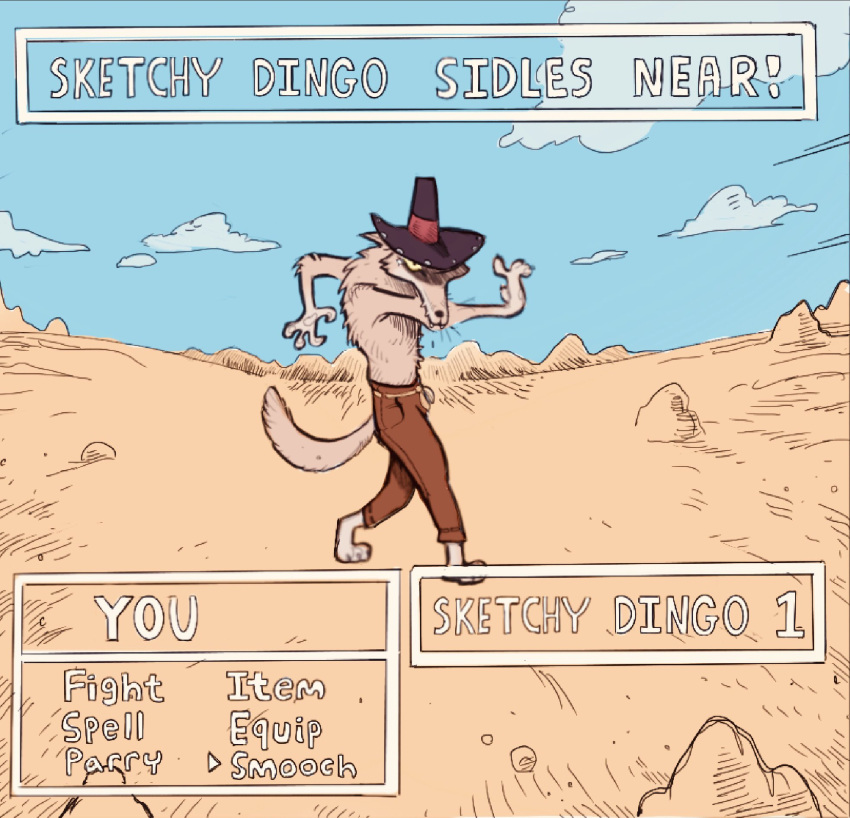 anthro canid canine canis clothed clothing desert dingo english_text hat headgear headwear hi_res humor male mammal manorcatman solo tagme text topless