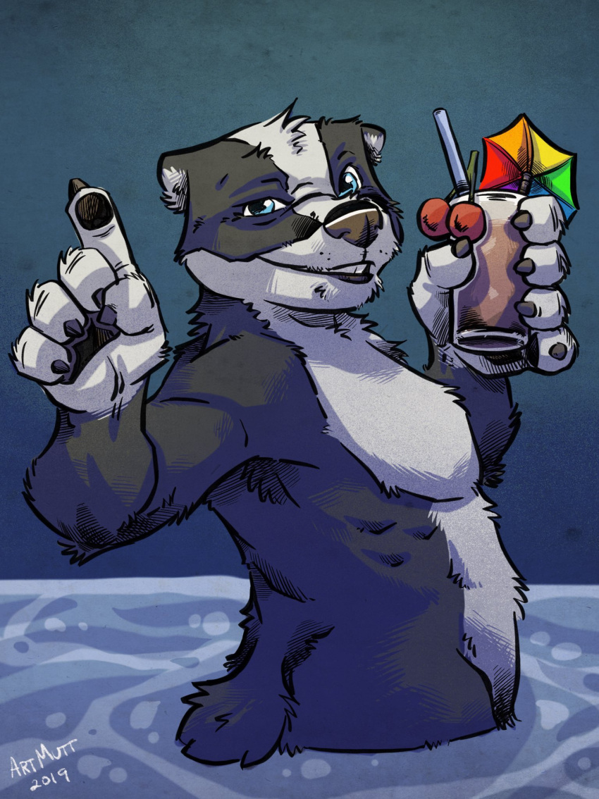 2019 anthro armpit_hair badger belly_tuft beverage biped black_body black_claws black_fur black_lips black_nose black_pawpads blue_eyes body_hair cherry claws drink_umbrella elbow_tuft food fruit fur gesture grey_background grin hand_gesture handpaw head_tuft hi_res holding_beverage holding_object k-9 lips male mammal multicolored_body multicolored_fur mustelid musteline neck_tuft nude partially_submerged pawpads paws pecs plant pointing pointing_up serratus short_tail side_butt side_view signature simple_background smile smoothie solo straw teeth tuft two_tone_body two_tone_fur water white_body white_fur