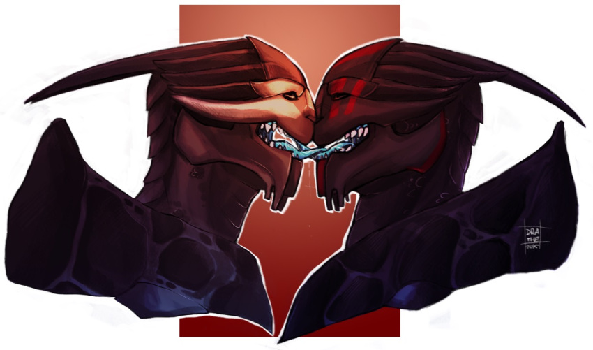 alien auguscus_acilcolus bodily_fluids bodypaint drathe90 dripping duo face_paint french_kissing gravus_(cassianvitus) kissing male male/male mass_effect nude saliva saliva_drip saliva_string tongue tongue_out turian video_games