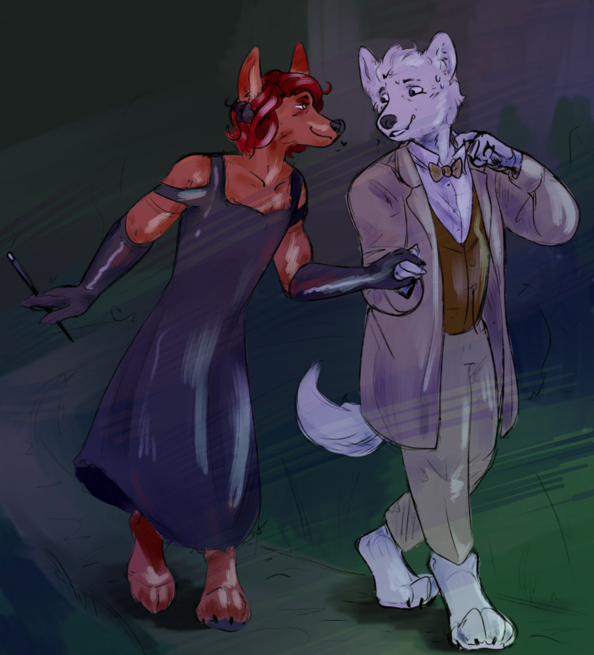 anthro aziraphale canid canine canis clothed clothing cross crossdressing dressing duo goodomens hi_res husbands ineffable ineffablehusbands kiri-anko male male/male mammal omens romantic walking were werecanid werecanine werewolf wolf