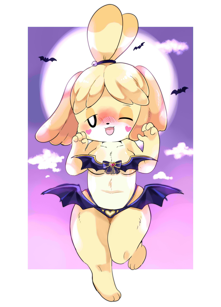 &lt;3 :3 absurd_res animal_crossing anthro bat_wings big_breasts bikini blush breasts canid canine canis chiropteran clothing costume domestic_dog female fushiana_ai hi_res isabelle_(animal_crossing) looking_at_viewer mammal membrane_(anatomy) membranous_wings moon nintendo one_eye_closed open_mouth open_smile sky smile solo swimwear video_games wings wink