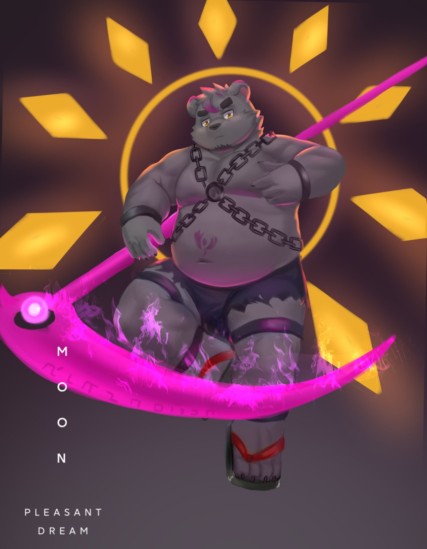 2021 aipangpangdeyua anthro belly black_body black_fur black_nose bottomwear chain clothing english_text fur hi_res humanoid_hands kemono loincloth magic male mammal moobs overweight overweight_male solo text ursid weapon