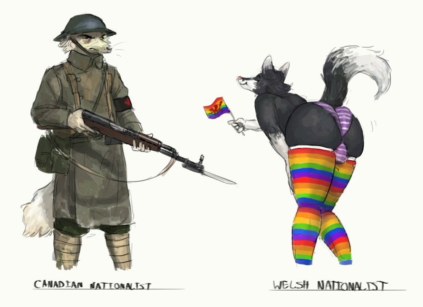 2020 5_fingers anthro armor bayonet big_butt black_body black_fur bulge butt canada canid canine clothing coat digital_media_(artwork) duo english_text fingers flag footwear fox fur green_clothing green_topwear gun headgear helmet hi_res holding_flag holding_gun holding_object holding_rifle holding_weapon humor knife lgbt_pride male mammal maple_leaf military military_uniform multicolored_clothing multicolored_footwear multicolored_socks narrowed_eyes panties pink_clothing pink_panties pink_underwear presenting presenting_hindquarters pride_colors rainbow_flag rainbow_pride_flag rainbow_symbol raised_tail ranged_weapon rifle simple_background sks smile socks standing stripes text thick_thighs topwear trenchcoat underwear uniform unimpressed wales weapon welsh_flag whaleoil1 white_body white_fur