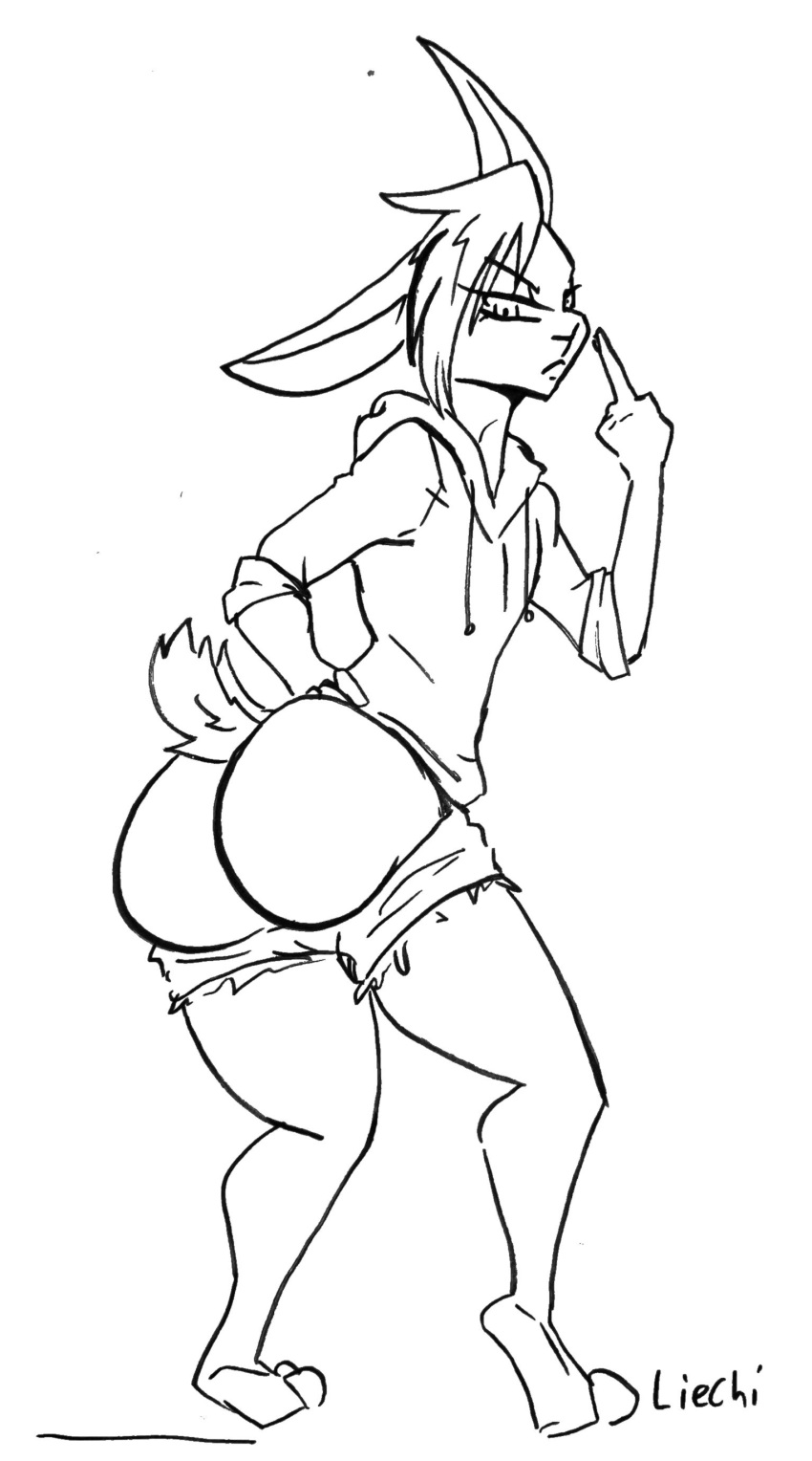 absurd_res butt gesture girly hi_res lagomorph leporid liechi male mammal middle_finger monochrome mooning rabbit sassy thick_thighs