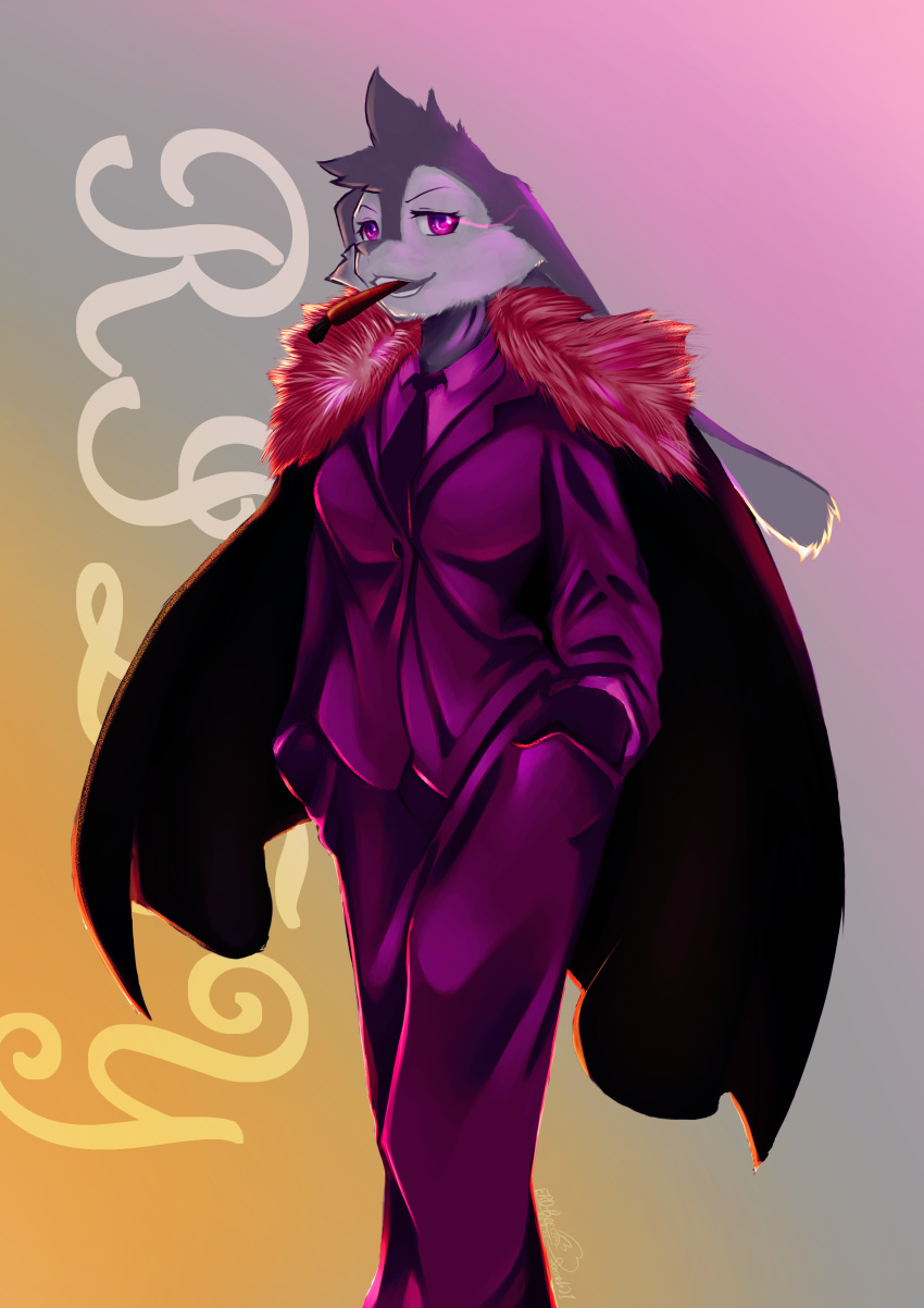 2020 absurd_res anthro bottomwear carrot cheek_tuft clothed clothing determined digital_media_(artwork) digital_painting_(artwork) ear_tuft ero-bee facial_tuft female floppy_ears food fully_clothed fur gradient_background grin hands_in_pockets head_tuft hi_res lagomorph leporid long_ears mammal narrowed_eyes plant pockets purple_eyes rabbit riley_(scratch21) scratch21 simple_background smile solo standing text topwear tuft vegetable